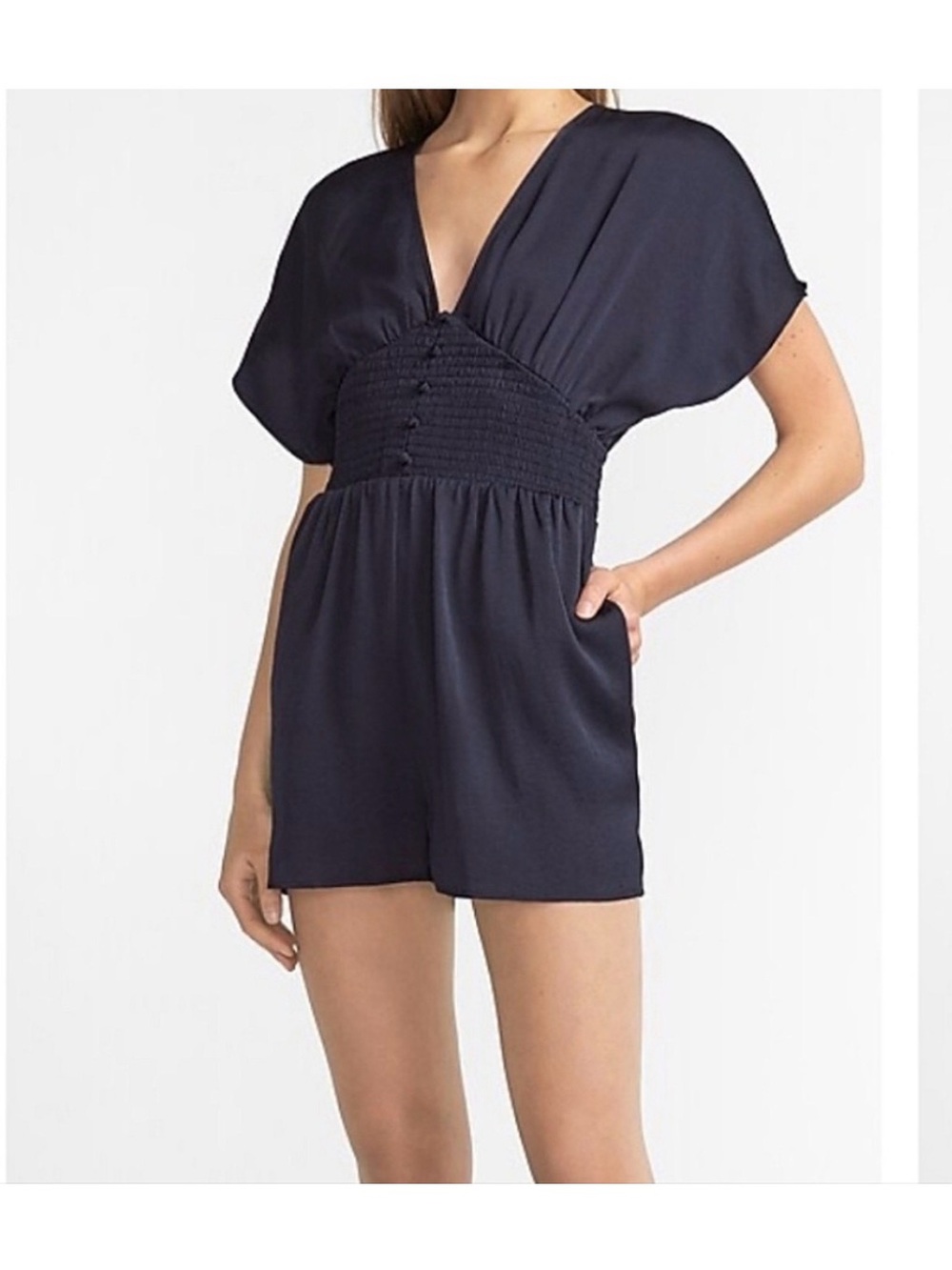 Express Navy V-Neck Smocked Waist Romper. Size Small.